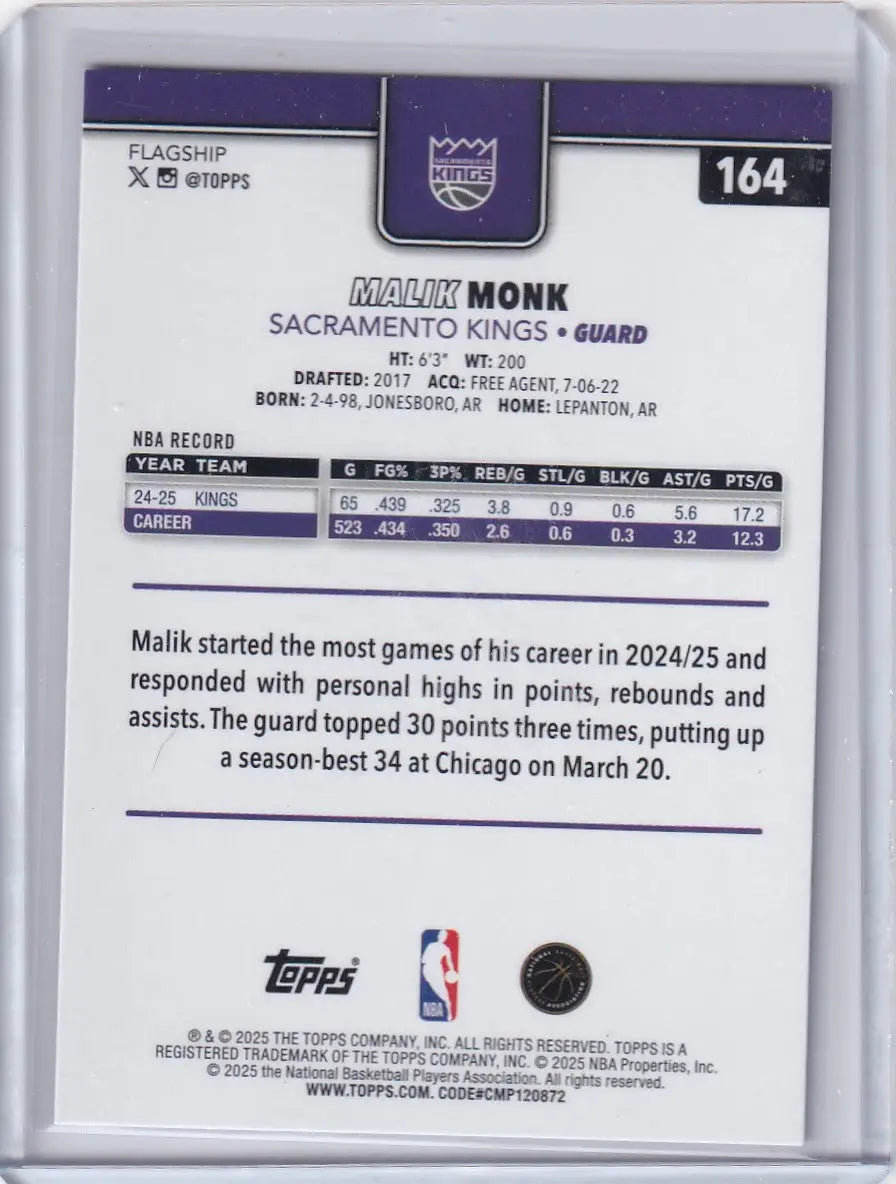 2025 TOPPS #164 MALIK MONK 30/250- SACRAMENTO KINGS