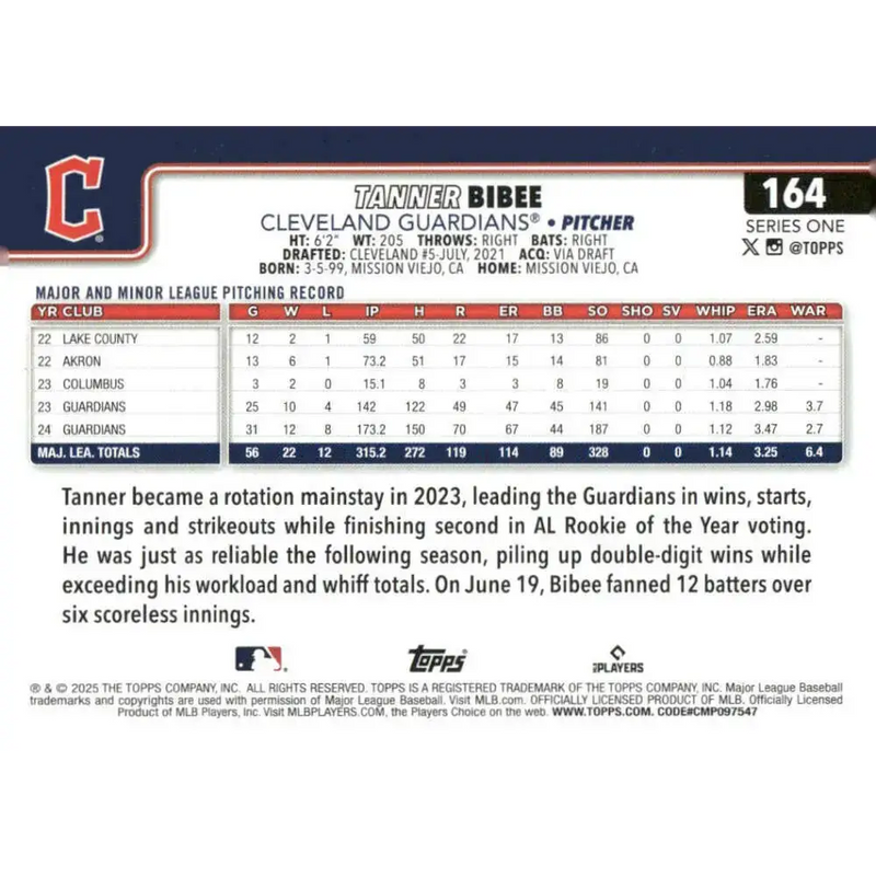 2025 Topps #164 Tanner Bibee NM-MT Cleveland Guardians Baseball Card - Baseball Card Single