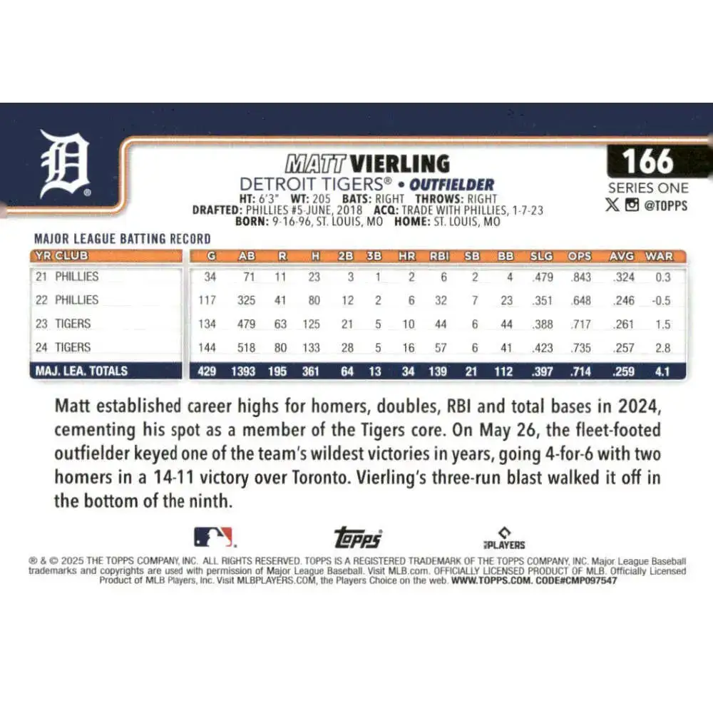 2025 Topps #166 Matt Vierling NM-MT Detroit Tigers Baseball Card - Baseball Card Single