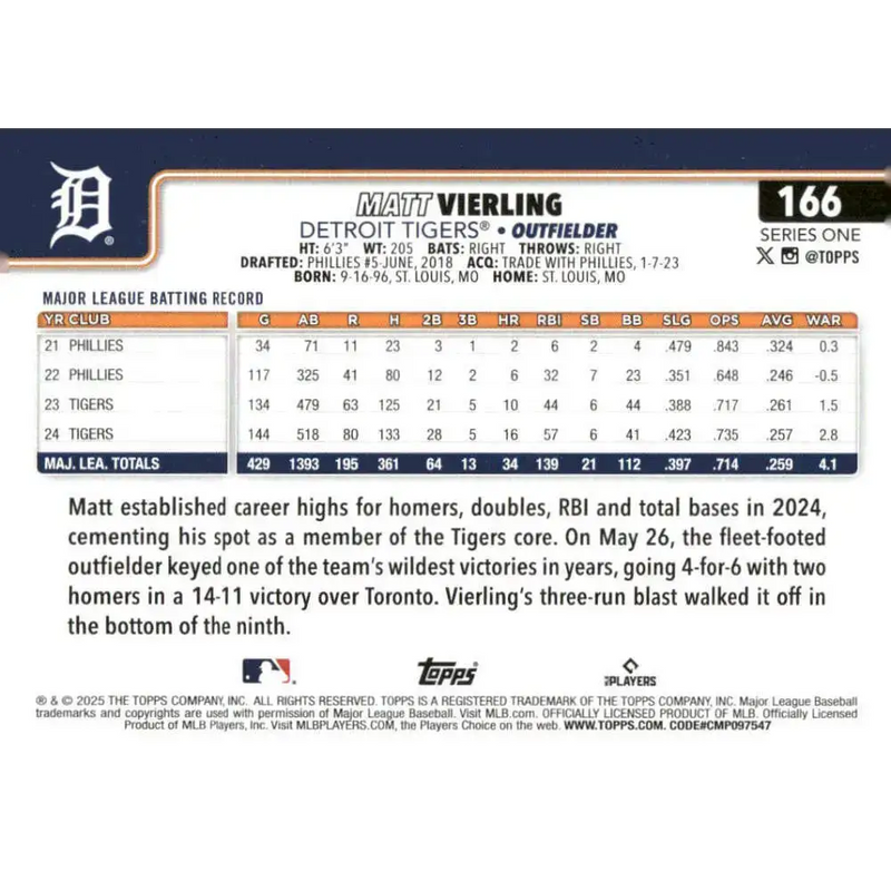 2025 Topps #166 Matt Vierling NM-MT Detroit Tigers Baseball Card - Baseball Card Single
