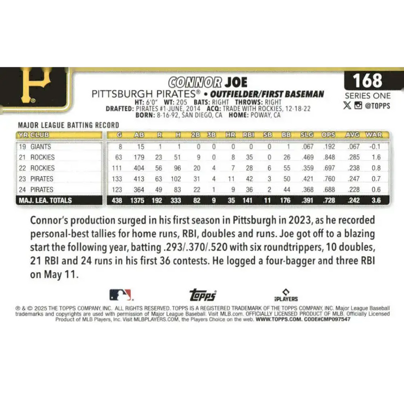 2025 Topps #168 Connor Joe NM-MT Pittsburgh Pirates Baseball Card - Baseball Card Single