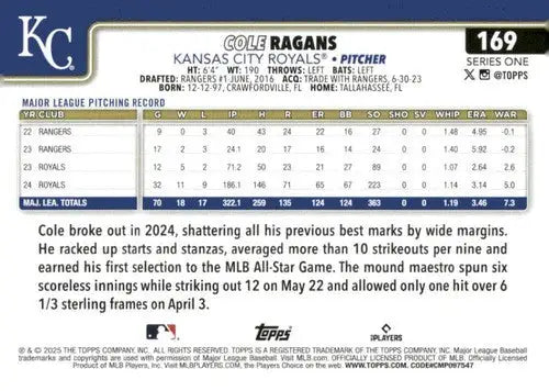 Original gloss collectible baseball card of Cole Ragans NM-MT from 2025 Topps #169