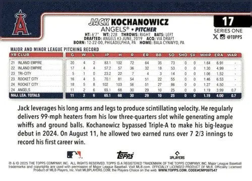 2025 Topps #17 Jack Kochanowicz NM-MT RC Rookie Angels ID:76905 - Baseball Card Single