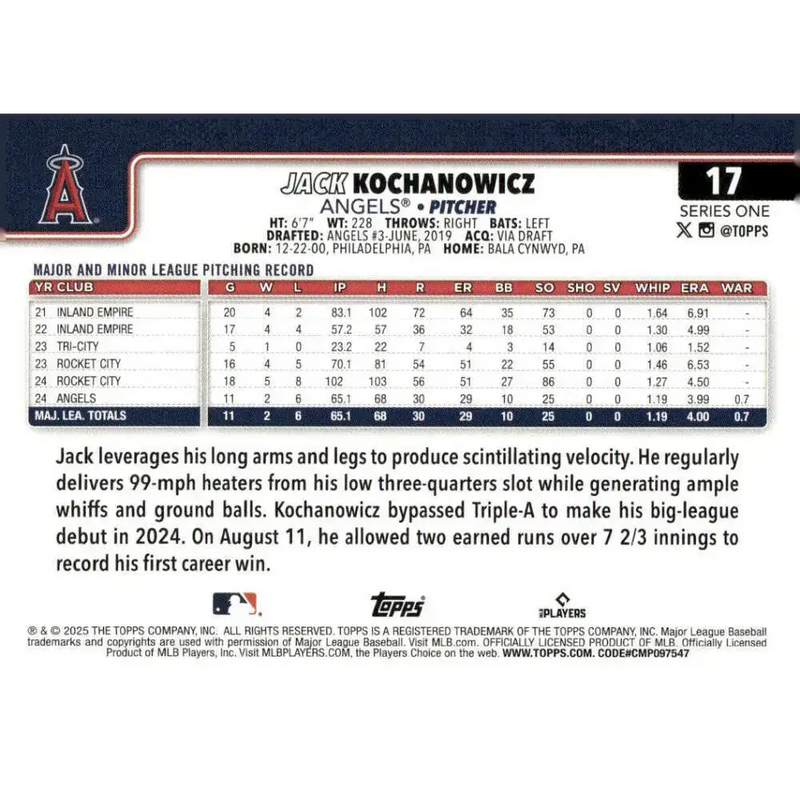 2025 Topps #17 Jack Kochanowicz NM-MT RC Rookie Los Angeles Angels Baseball Card - Baseball Card Single