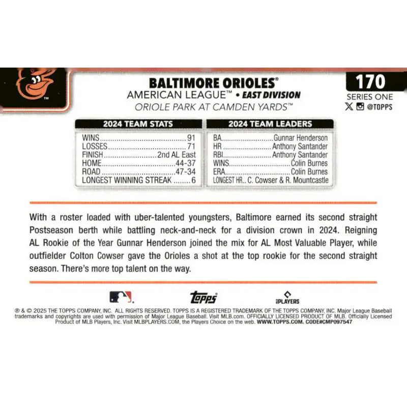 2025 Topps #170 Baltimore Orioles NM-MT Baltimore Orioles Baseball Card - Baseball Card Single