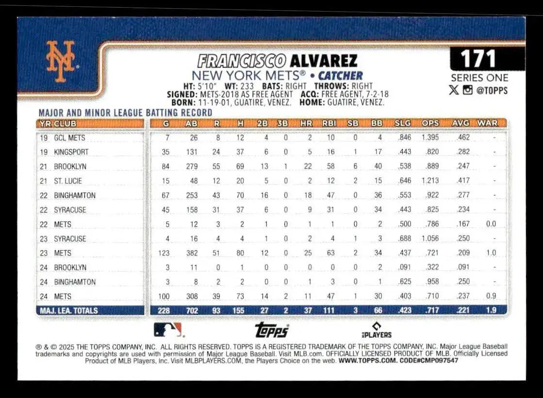 2025 Topps #171 Francisco Alvarez - Baseball Card Single