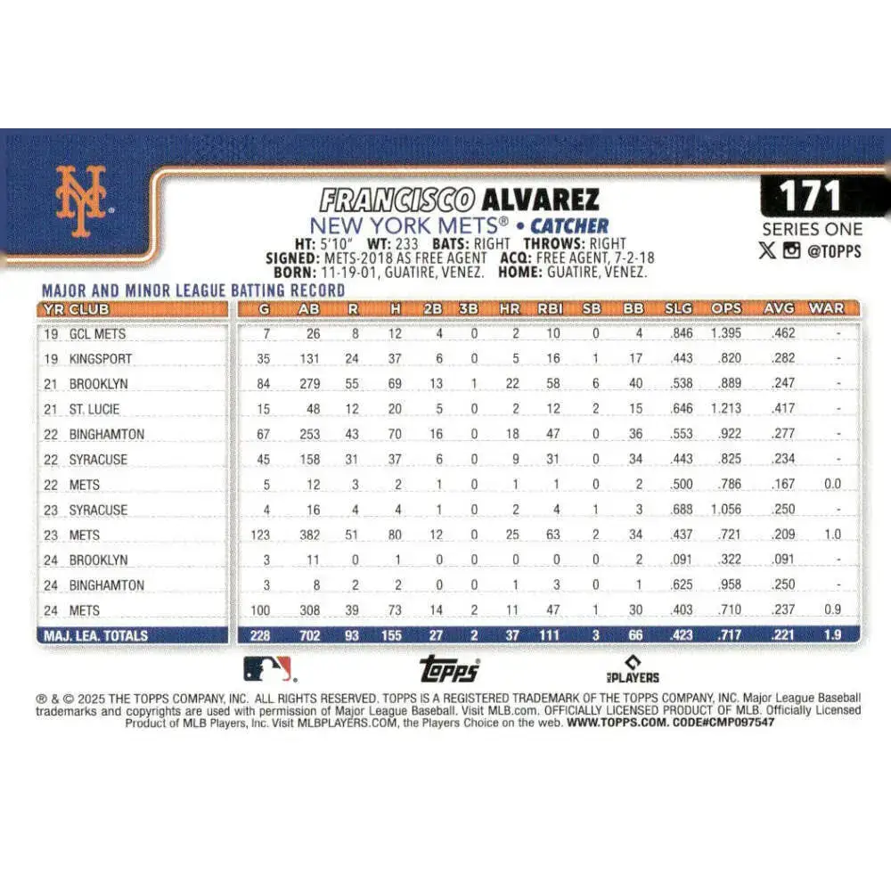 2025 Topps #171 Francisco Alvarez NM-MT New York Mets Baseball Card - Baseball Card Single