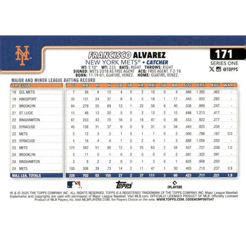 2025 Topps #171 Francisco Alvarez NM-MT New York Mets Baseball Card - Baseball Card Single