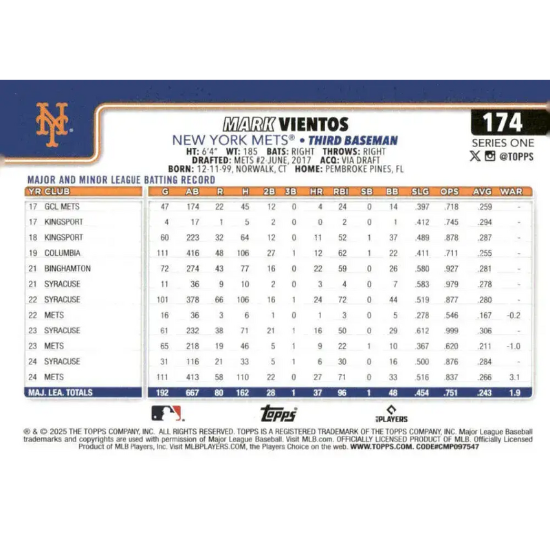 2025 Topps #174 Mark Vientos NM-MT New York Mets Baseball Card - Baseball Card Single