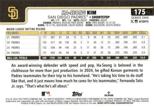 2025 Topps #175 Ha-Seong Kim NM-MT Padres ID:76969 - Baseball Card Single