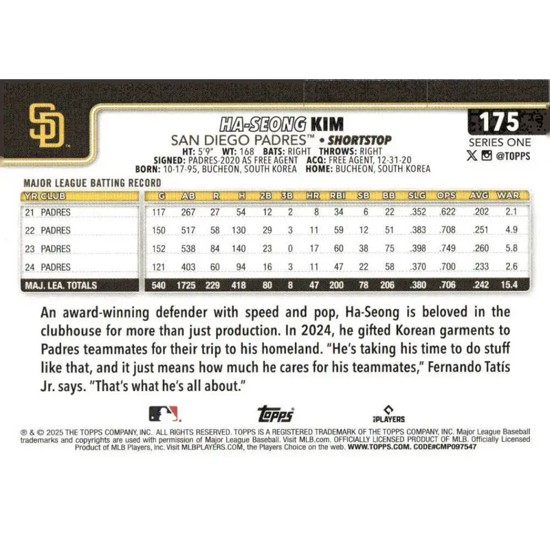 2025 Topps #175 Ha-Seong Kim NM-MT San Diego Padres Baseball Card - Baseball Card Single