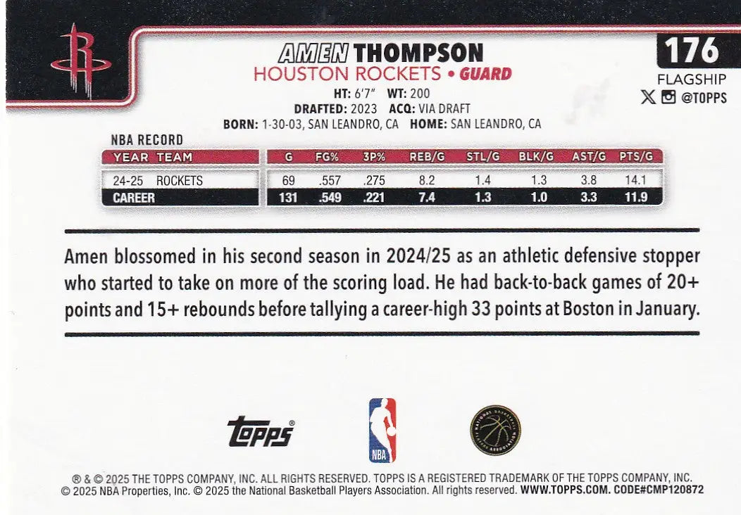 2025 TOPPS #176 AMEN THOMPSON DIAMONTE- HOUSTON ROCKETS