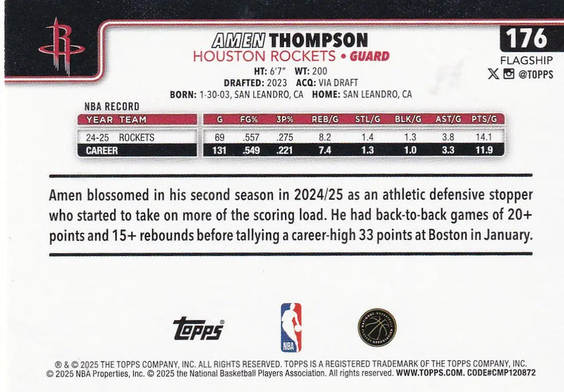 2025 TOPPS #176 AMEN THOMPSON DIAMONTE- HOUSTON ROCKETS