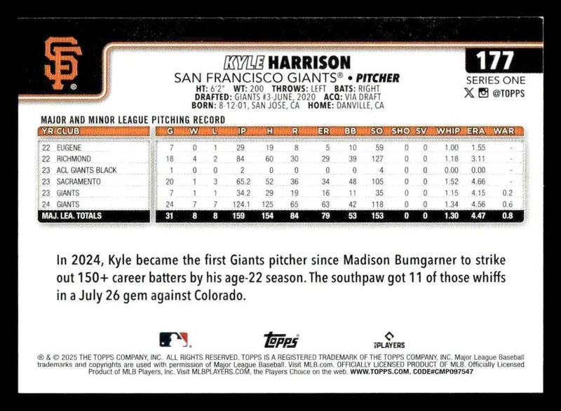 2025 Topps #177 Kyle Harrison - Baseball Card Single