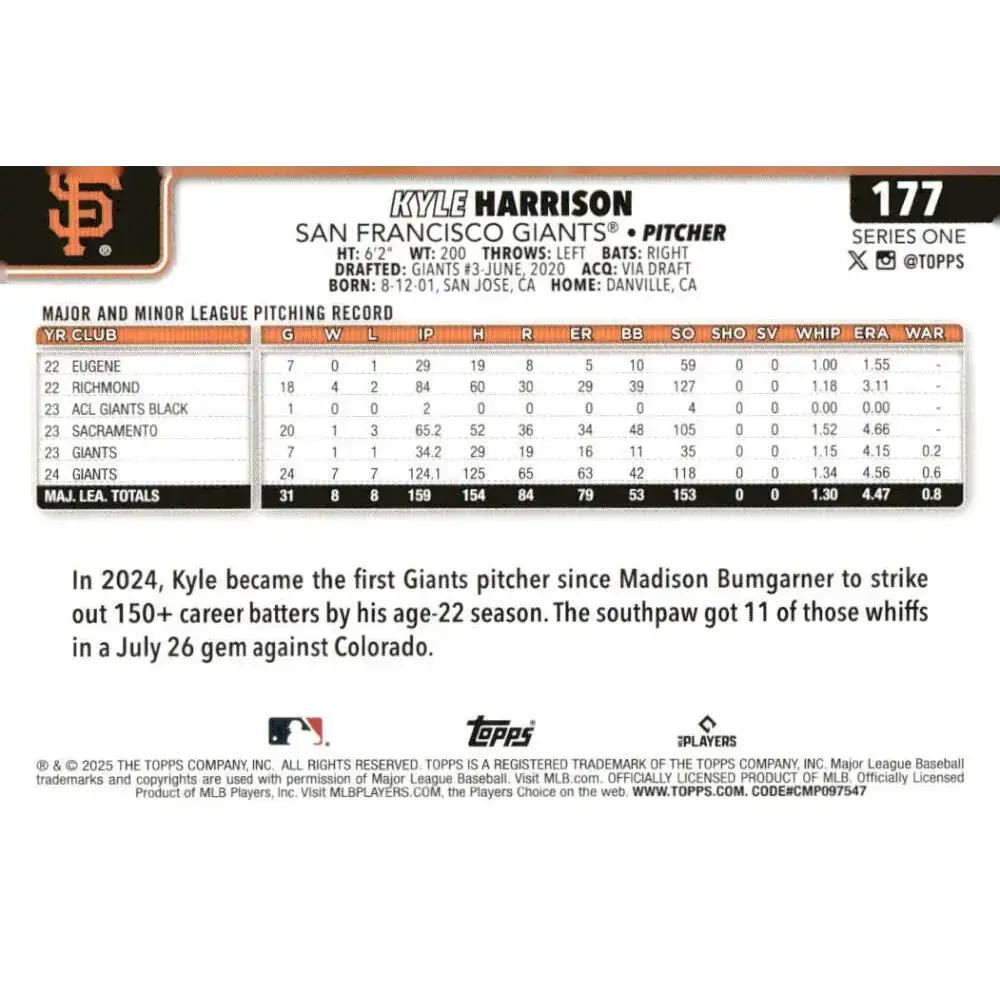 2025 Topps #177 Kyle Harrison NM-MT San Francisco Giants Baseball Card - Baseball Card Single