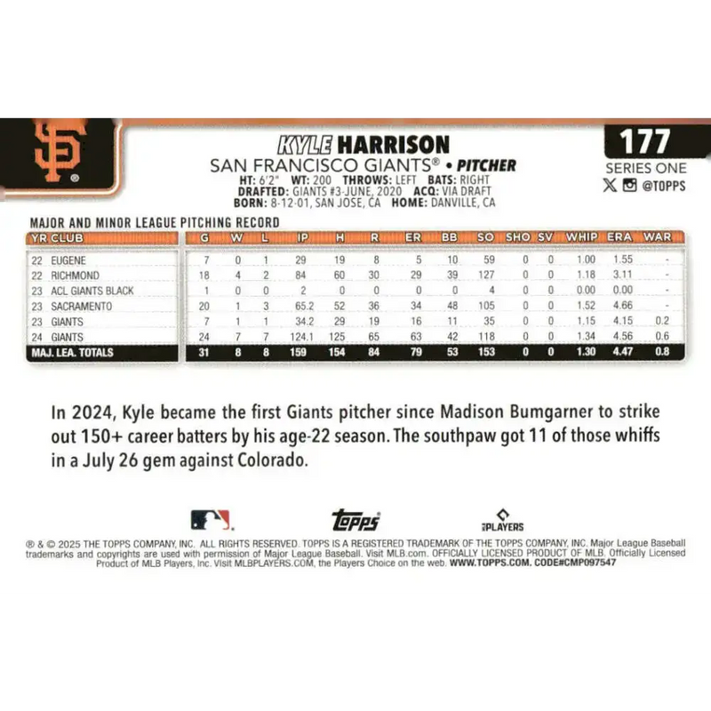 2025 Topps #177 Kyle Harrison NM-MT San Francisco Giants Baseball Card - Baseball Card Single