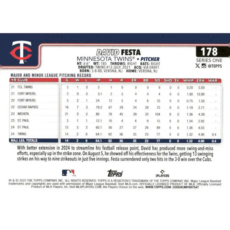 2025 Topps #178 David Festa NM-MT RC Rookie Minnesota Twins Baseball Card - Baseball Card Single