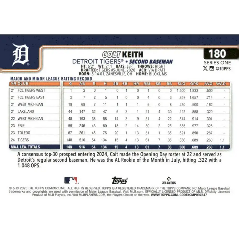 2025 Topps #180 Colt Keith NM-MT Detroit Tigers Baseball Card