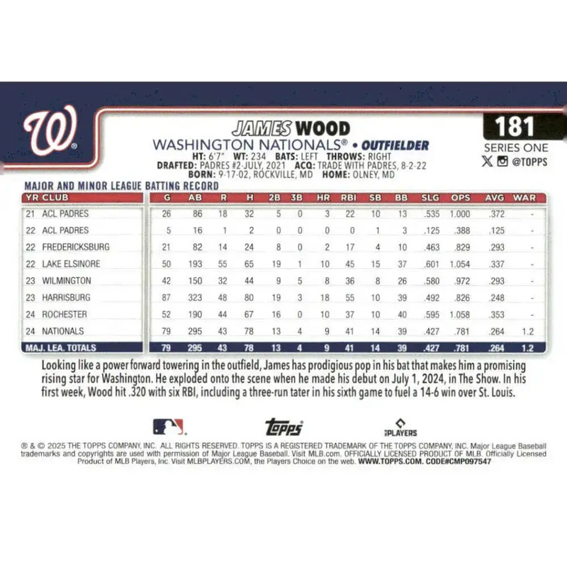 2025 Topps #181 James Wood NM-MT RC Rookie Washington Nationals Baseball Card