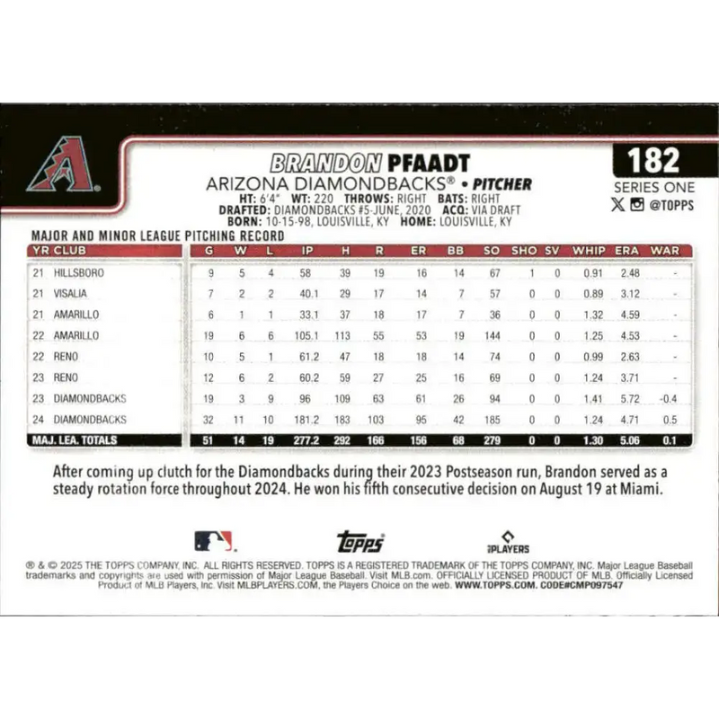 2025 Topps #182 Brandon Pfaadt NM-MT Arizona Diamondbacks Baseball Card - Baseball Card Single