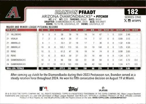 2025 Topps #182 Brandon Pfaadt NM-MT Diamondbacks ID:76973 - Baseball Card Single