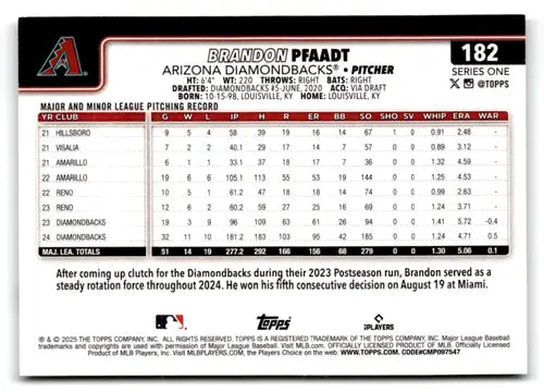 2025 Topps #182 Brandon Pfaadt NM Near Mint Diamondbacks ID:77315 - Baseball Card Single