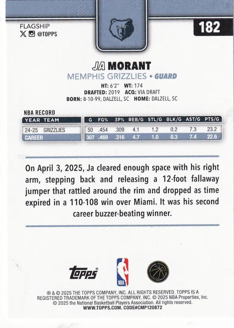 2025 TOPPS #182 JA MORANT DIAMONTE- MEMPHIS GRIZZLIES