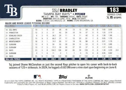 Original gloss baseball card featuring Taj Bradley NM-MT from 2025 Topps #183