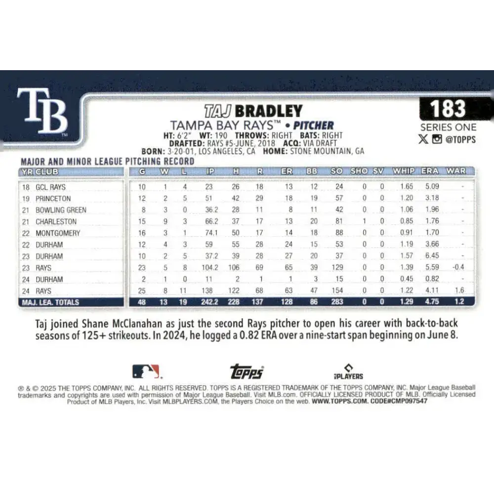 2025 Topps #183 Taj Bradley NM-MT Tampa Bay Rays Baseball Card - Baseball Card Single