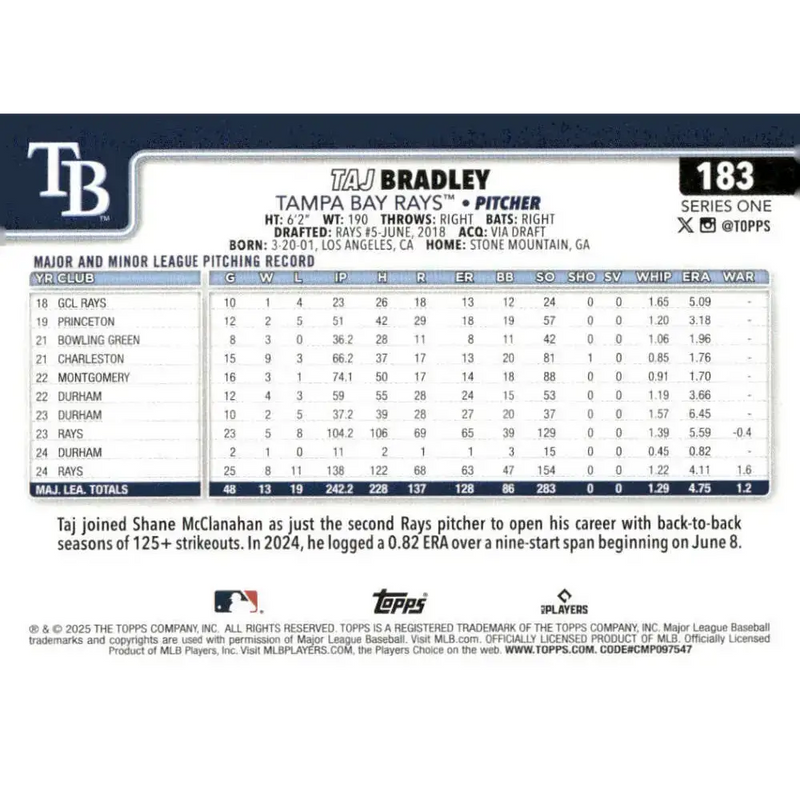 2025 Topps #183 Taj Bradley NM-MT Tampa Bay Rays Baseball Card - Baseball Card Single