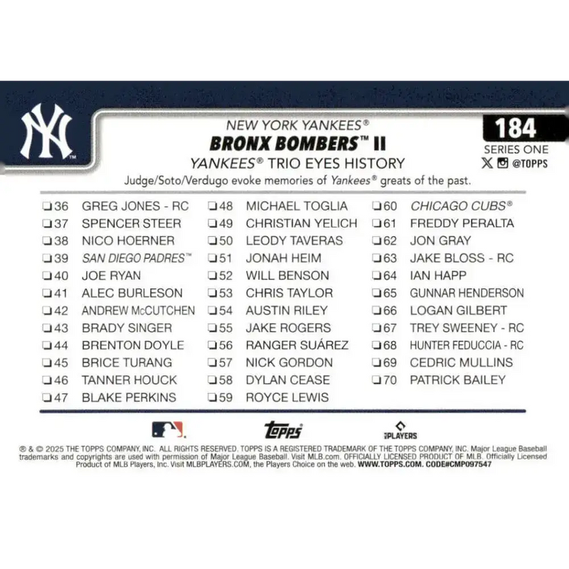 2025 Topps #184 Aaron Judge NM-MT New York Yankees Baseball Card - Baseball Card Single