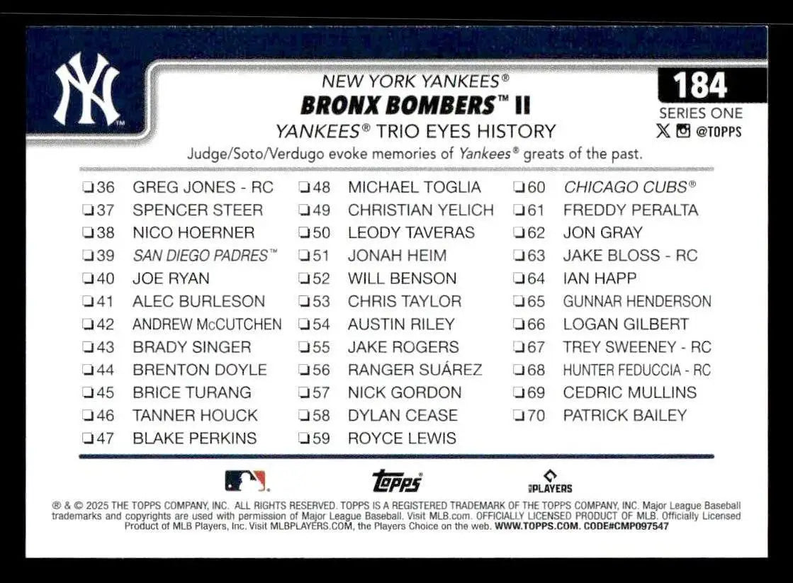 2025 Topps #184 Bronx Bombers II: Yankees Trio Eyes History - Baseball Card Single