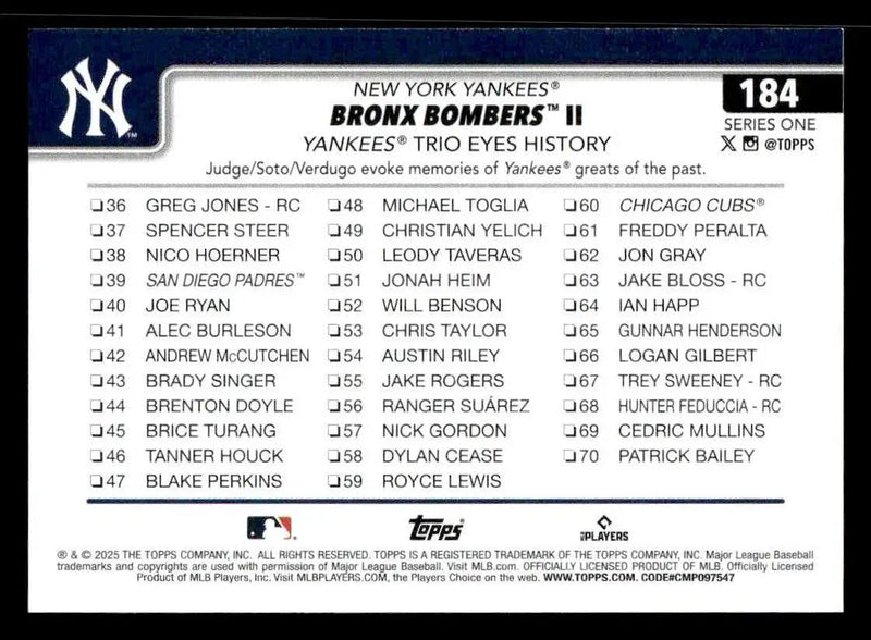 2025 Topps #184 Bronx Bombers II: Yankees Trio Eyes History - Baseball Card Single
