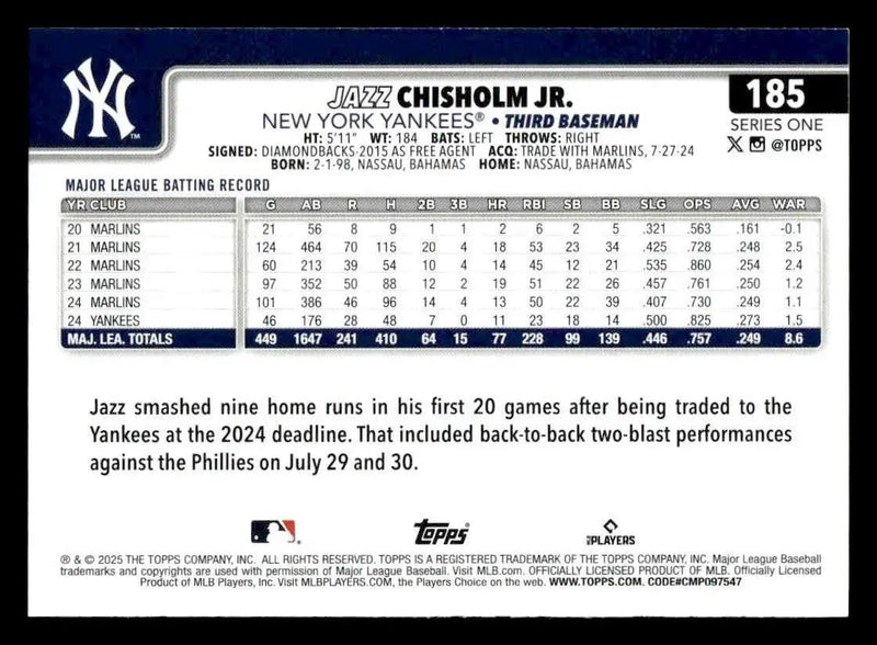 2025 Topps #185 Jazz Chisholm Jr. - Baseball Card Single