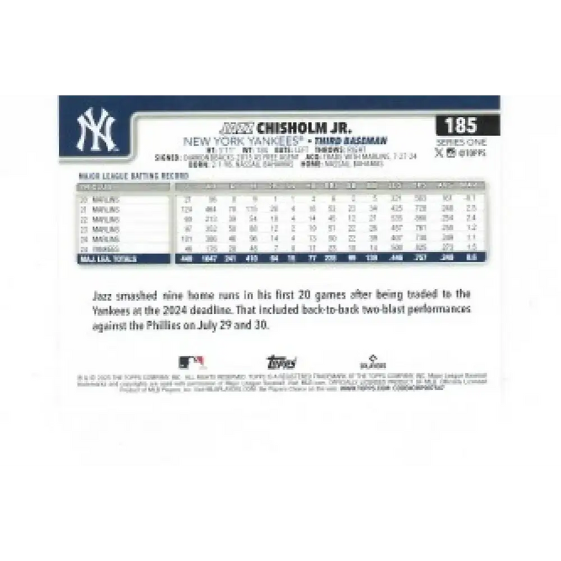 2025 Topps #185 Jazz Chisholm Jr. NM-MT New York Yankees Baseball Card - Baseball Card Single