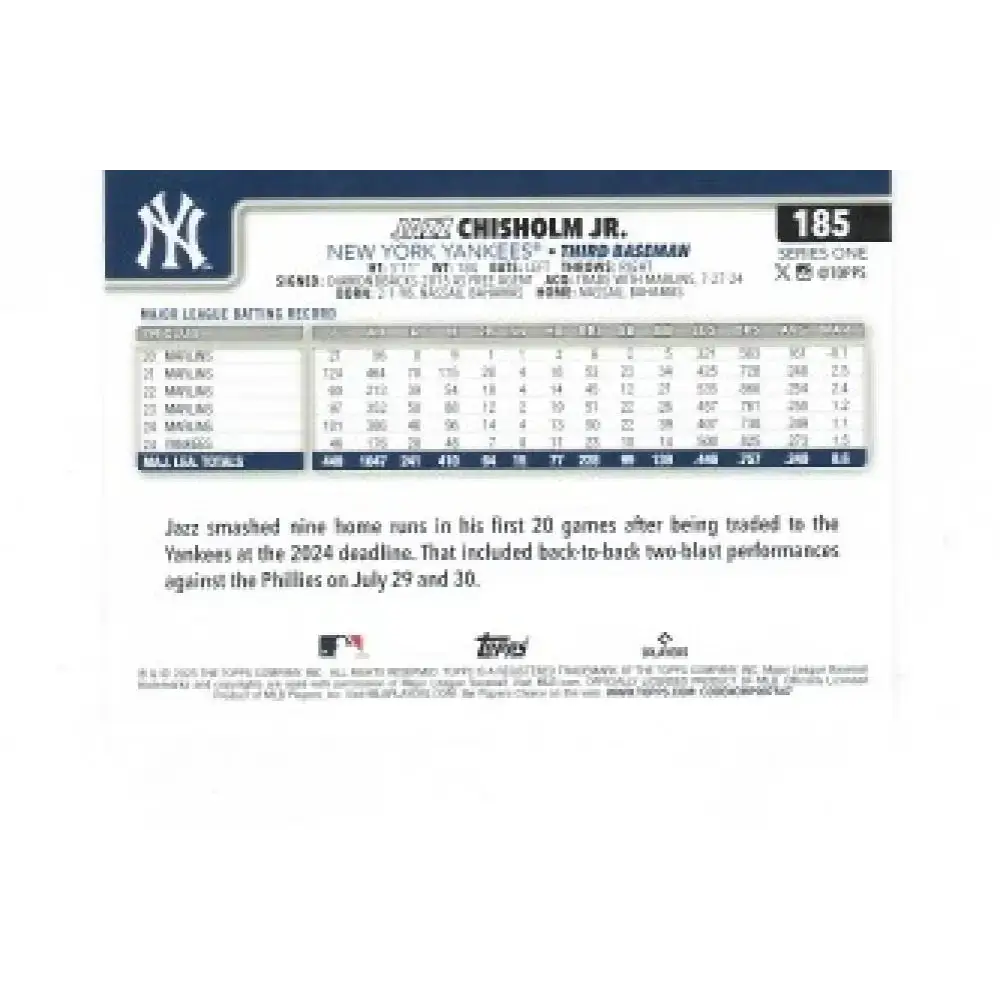 2025 Topps #185 Jazz Chisholm Jr. NM-MT New York Yankees Baseball Card - Baseball Card Single