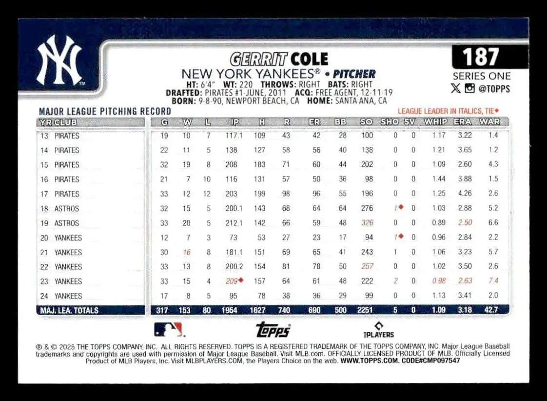 2025 Topps #187 Gerrit Cole - Baseball Card Single