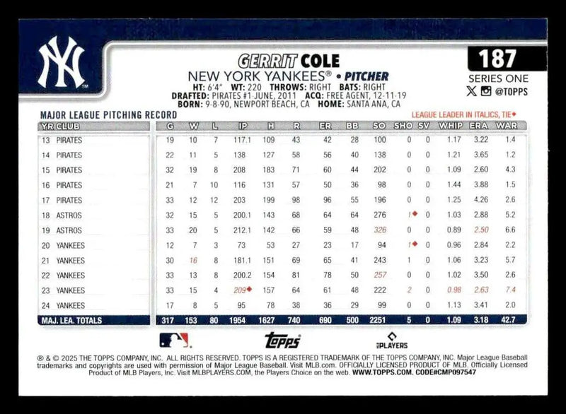 2025 Topps #187 Gerrit Cole - Baseball Card Single