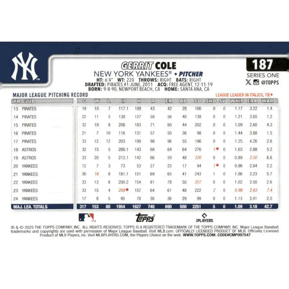 2025 Topps #187 Gerrit Cole NM-MT New York Yankees Baseball Card - Baseball Card Single