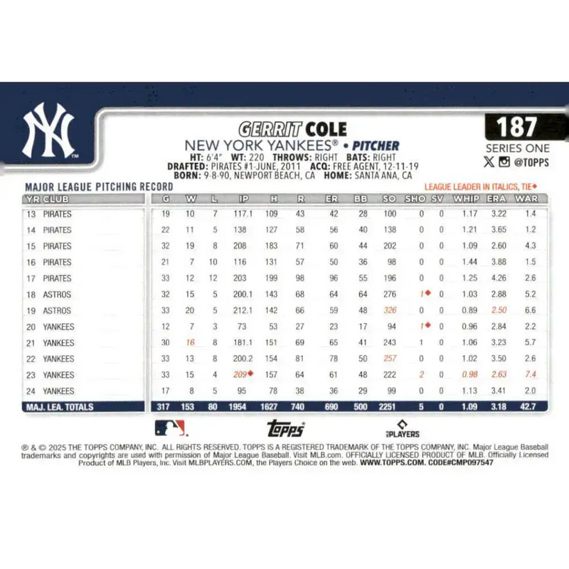 2025 Topps #187 Gerrit Cole NM-MT New York Yankees Baseball Card - Baseball Card Single