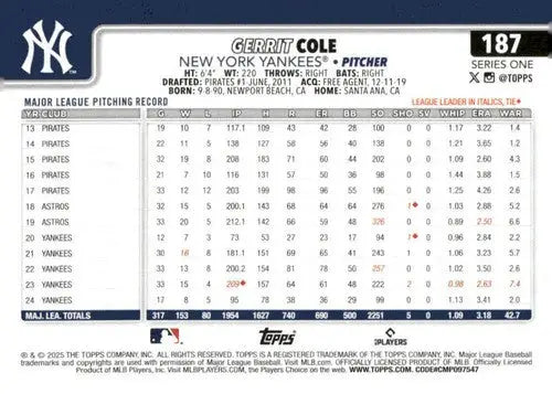 Reverse side of 2025 Topps Gerrit Cole NM-MT Yankees baseball trading card with original gloss