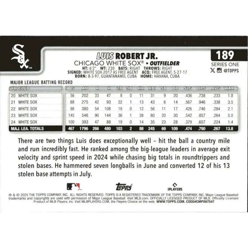 2025 Topps #189 Luis Robert Jr. NM-MT Chicago White Sox Baseball Card - Baseball Card Single