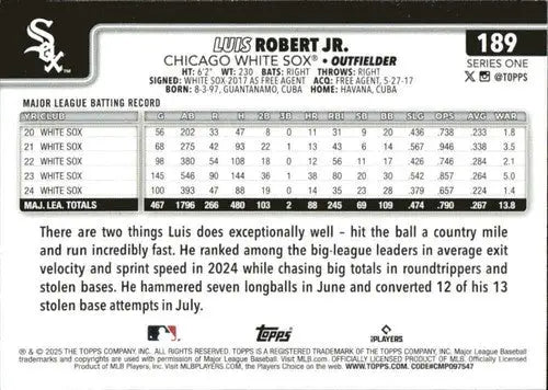 2025 Topps #189 Luis Robert Jr. NM-MT White Sox ID:76977 - Baseball Card Single
