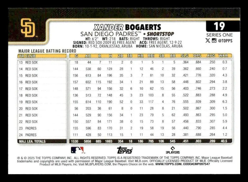 2025 Topps #19 Xander Bogaerts - Baseball Card Single