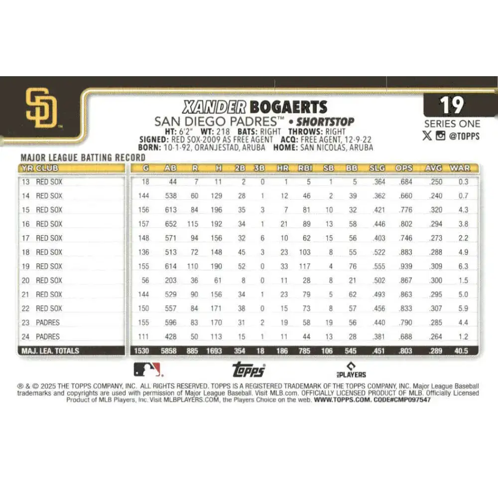 2025 Topps #19 Xander Bogaerts NM-MT San Diego Padres Baseball Card - Baseball Card Single