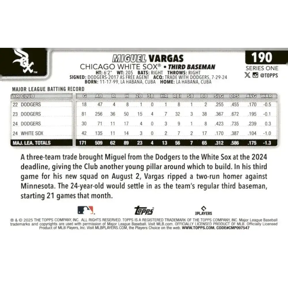 2025 Topps #190 Miguel Vargas NM-MT Chicago White Sox Baseball Card - Baseball Card Single