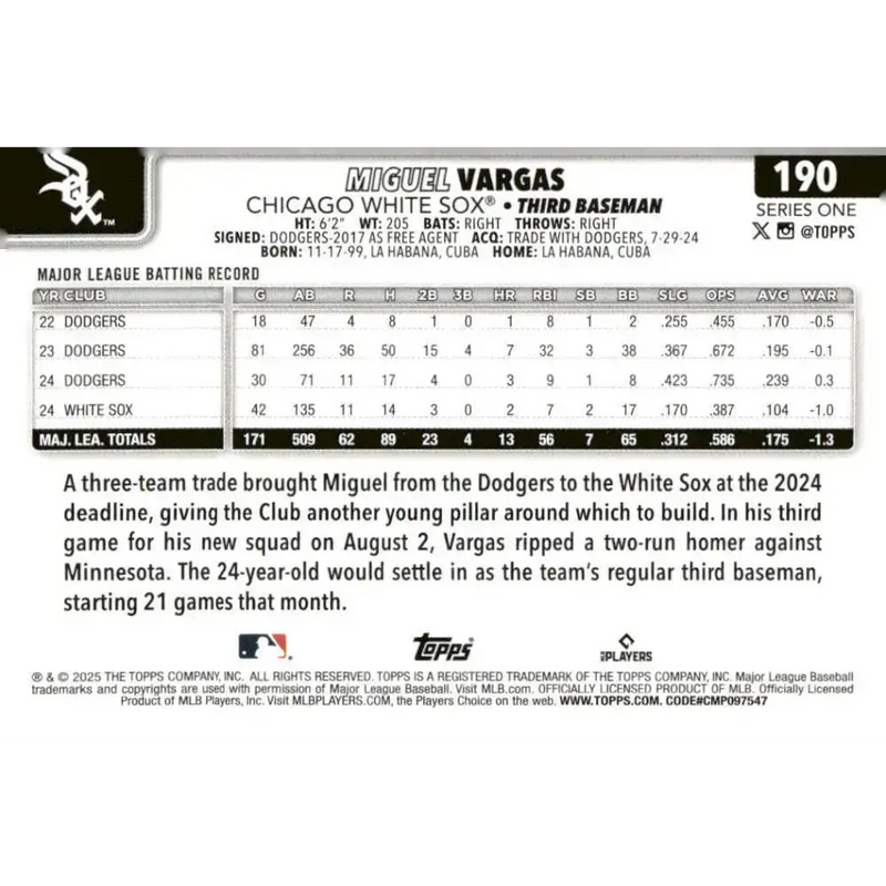 2025 Topps #190 Miguel Vargas NM-MT Chicago White Sox Baseball Card - Baseball Card Single