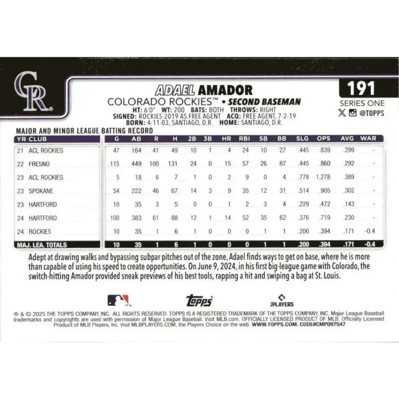2025 Topps #191 Adael Amador NM-MT RC Rookie Colorado Rockies Baseball Card - Baseball Card Single