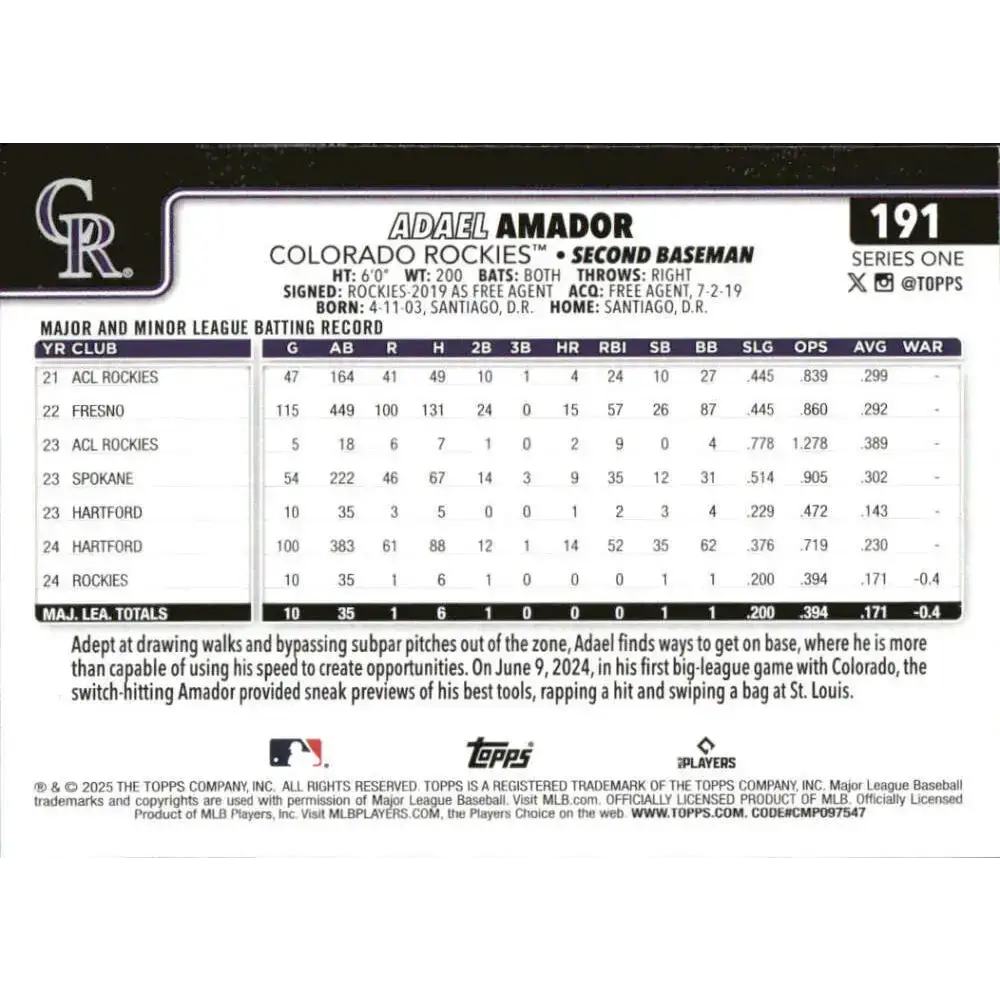 2025 Topps #191 Adael Amador NM-MT RC Rookie Colorado Rockies Baseball Card - Baseball Card Single