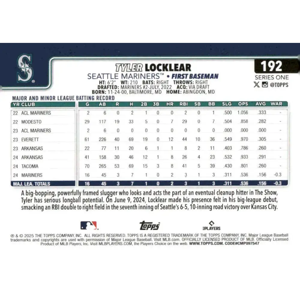 2025 Topps #192 Tyler Locklear NM-MT RC Rookie Seattle Mariners Baseball Card - Baseball Card Single
